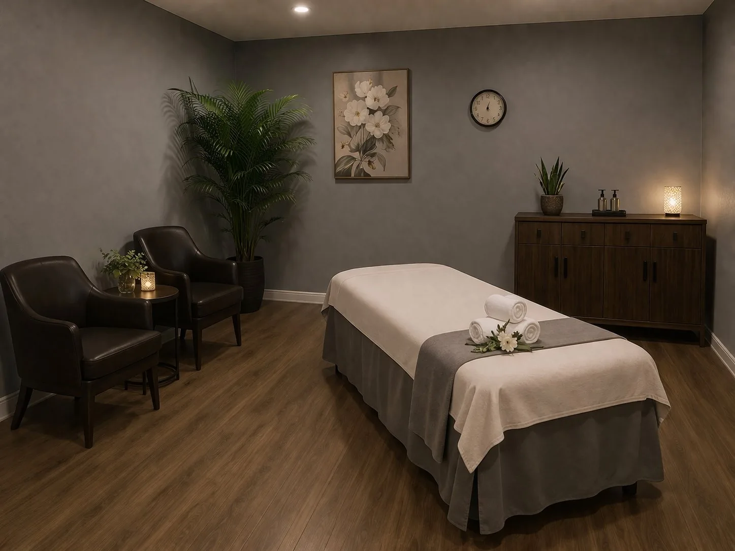 Massage room interior with plants and soft lighting at Susie Spa in La Habra