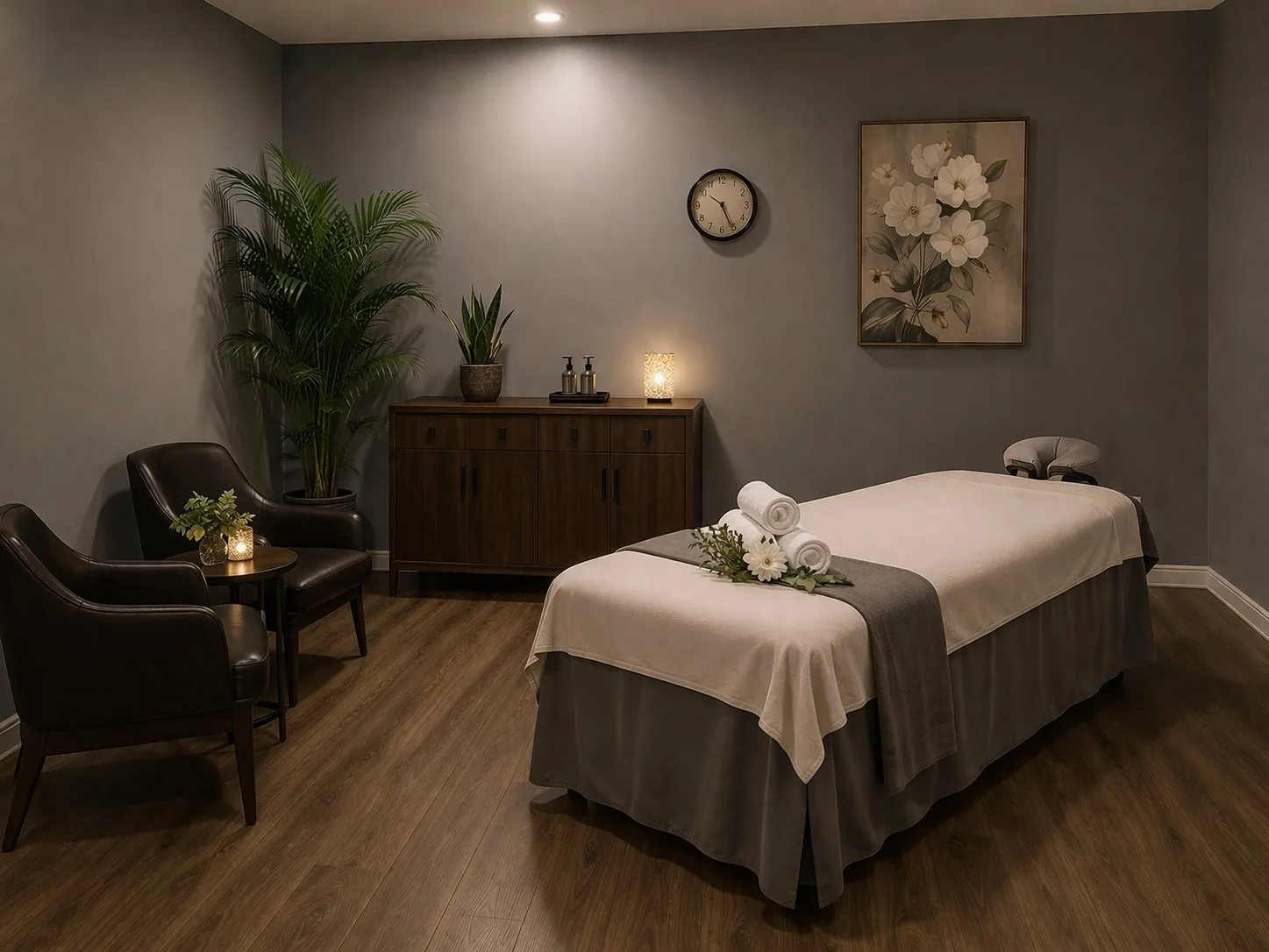 Quiet private massage room with warm lighting and fresh towels at Susie Spa in La Habra