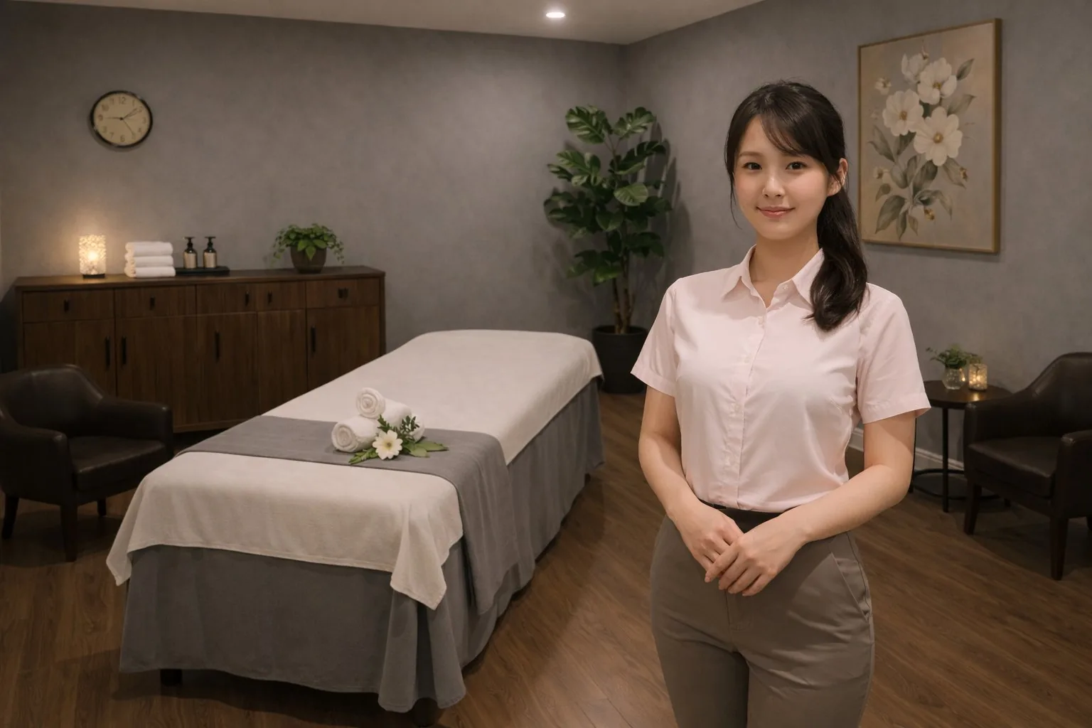 Friendly massage therapist standing in a clean private room at Susie Oriental Massage Spa in La Habra