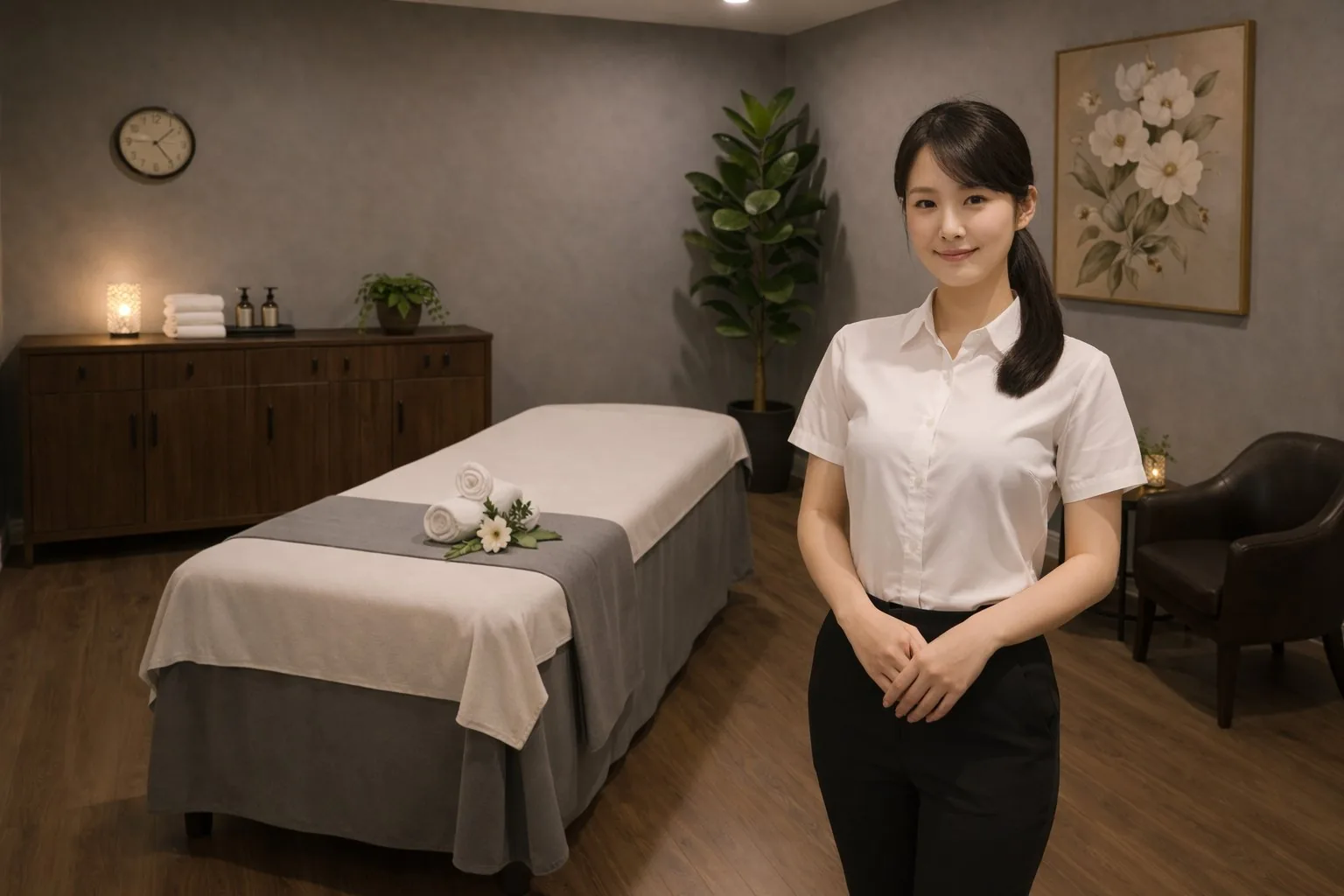 Smiling professional therapist welcoming guests at Susie Oriental Massage Spa in La Habra